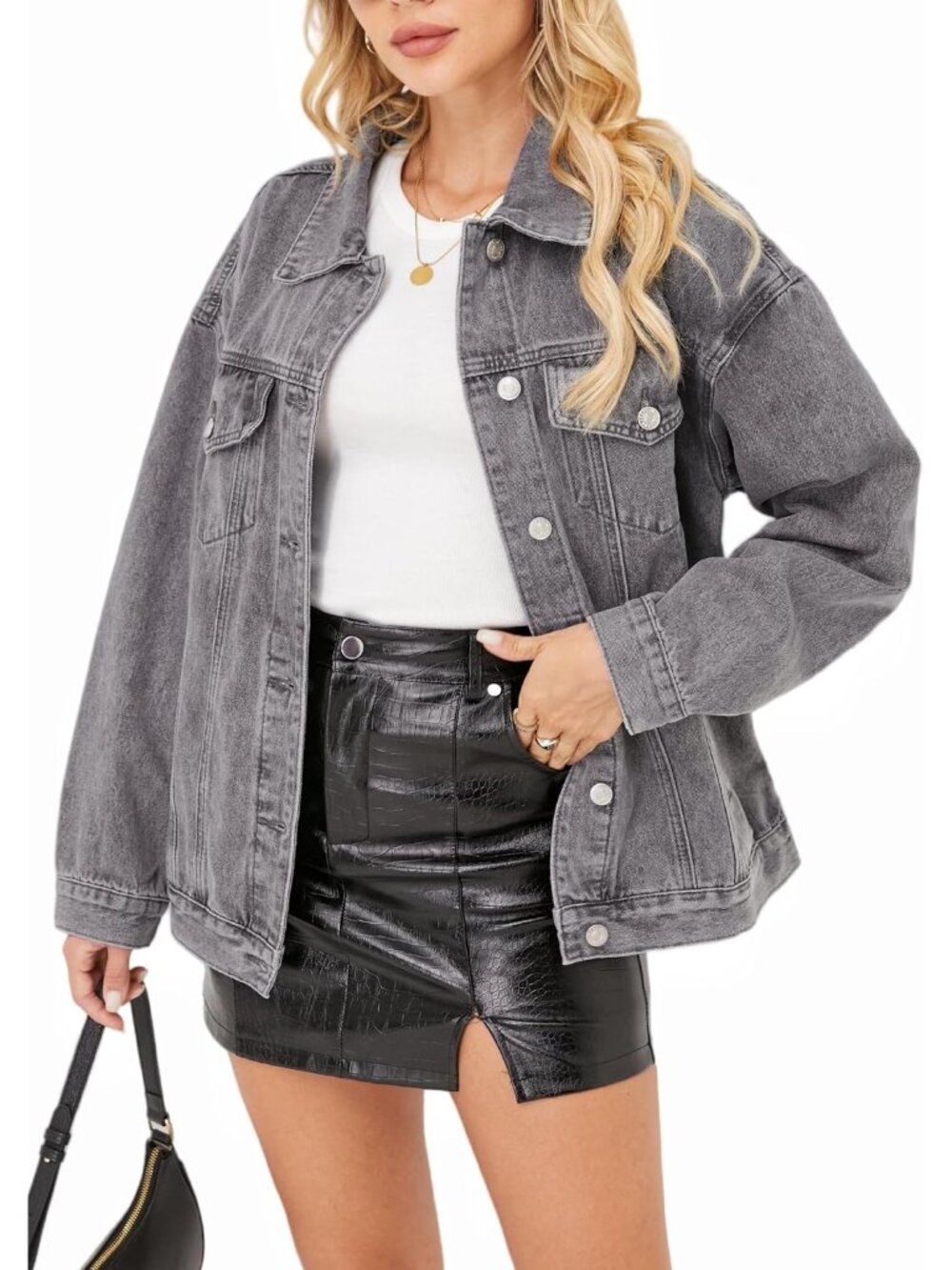 Women's Grey Long Oversize Comfort Denim Jean Jackets Trendy Trucker Coats
